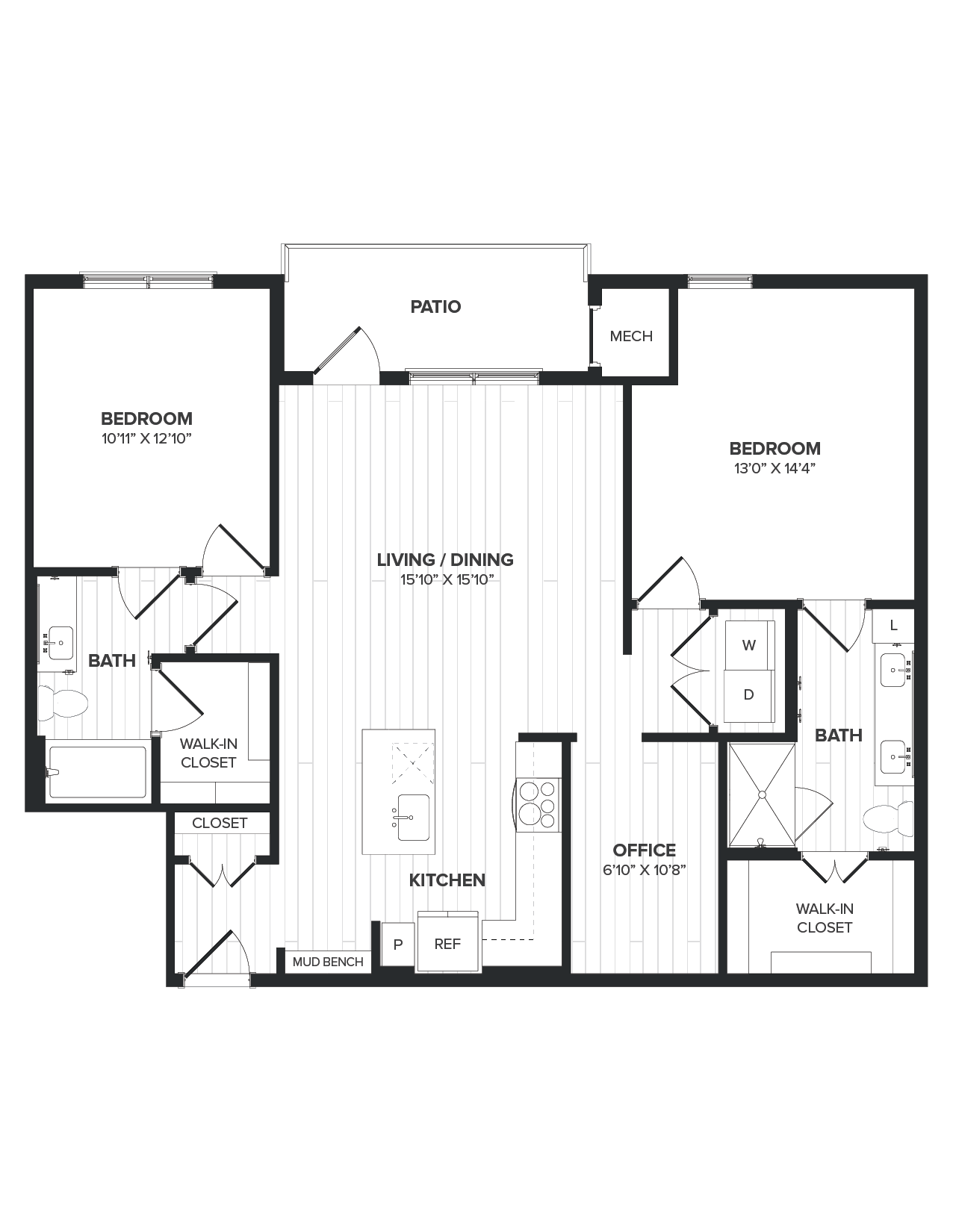 Floor plan for 2 beds, 2 baths, 1233 sqft